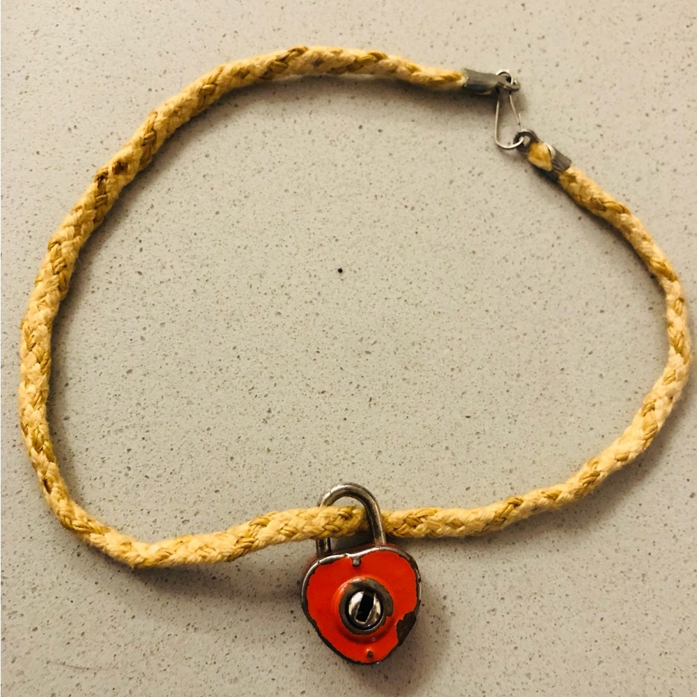 Braided Cord Necklace with Orange Heart Padlock Charm